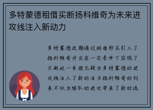 多特蒙德租借买断扬科维奇为未来进攻线注入新动力